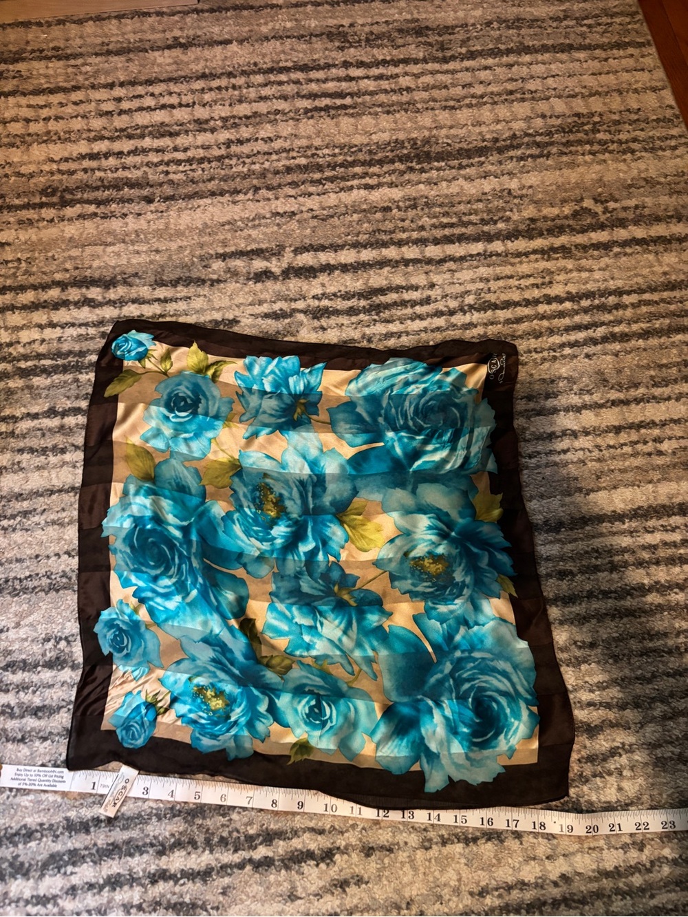 Oscar de la Renta Teal Blue Floral 100% Silk Scarf with Brown Border